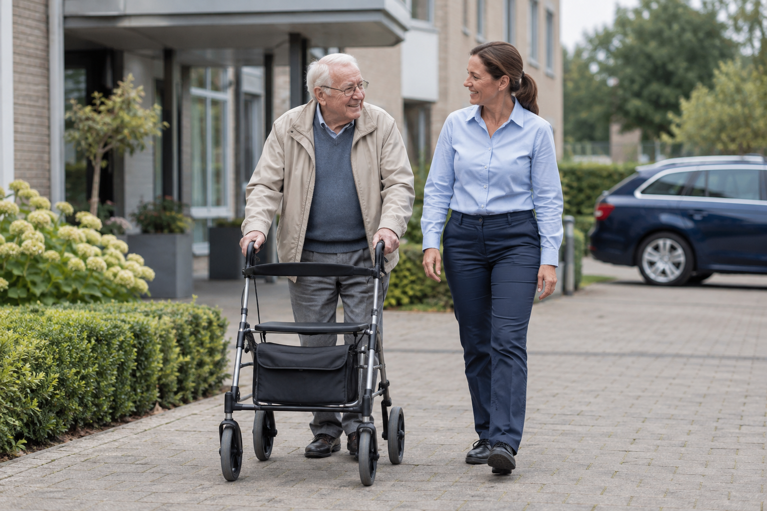 Begeleiding naar de taxi met een eigen rollator